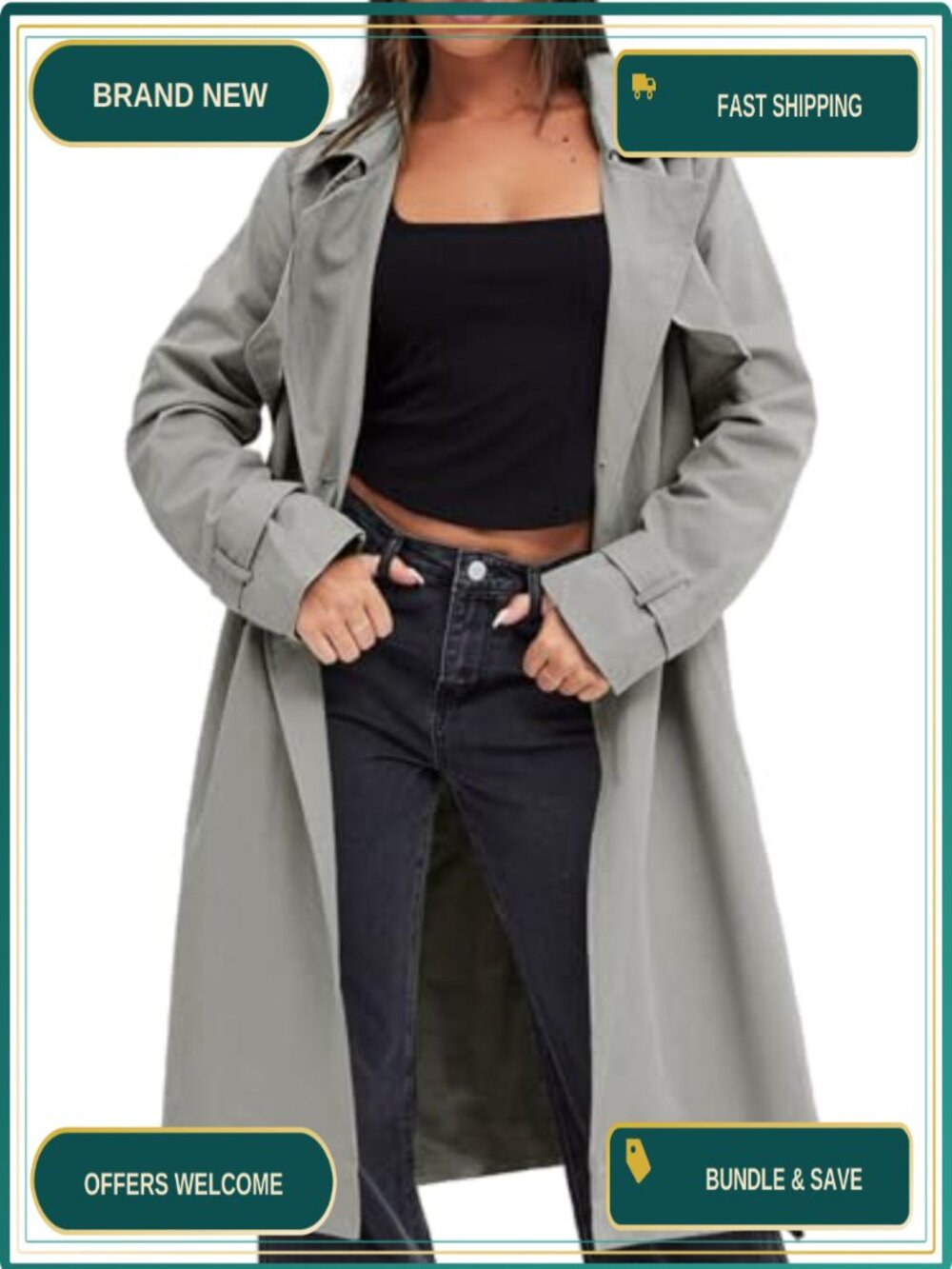 Womens Double Breasted Trench Coat 100% Polyester Belted Long Overcoat